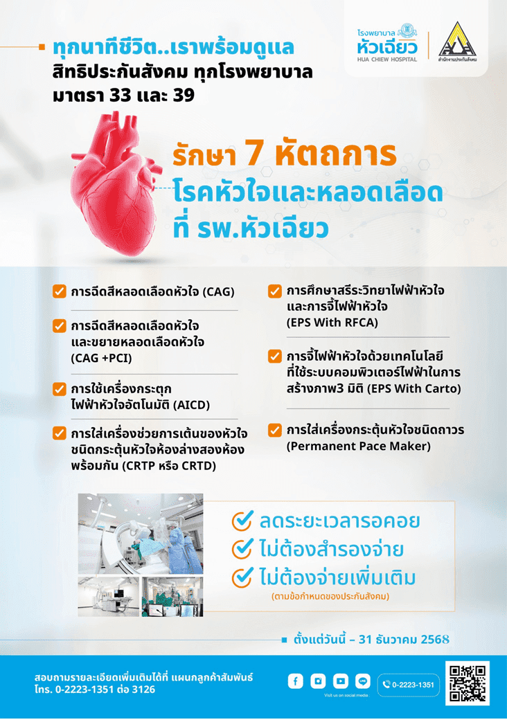 โรงพยาบาลหัวเฉียวดูแลหัวใจผู้ประกันตนสิทธิประกันสังคมทั่วประเทศ ด้วยการรักษา 7 หัตถการโรคหัวใจและหลอดเลือด