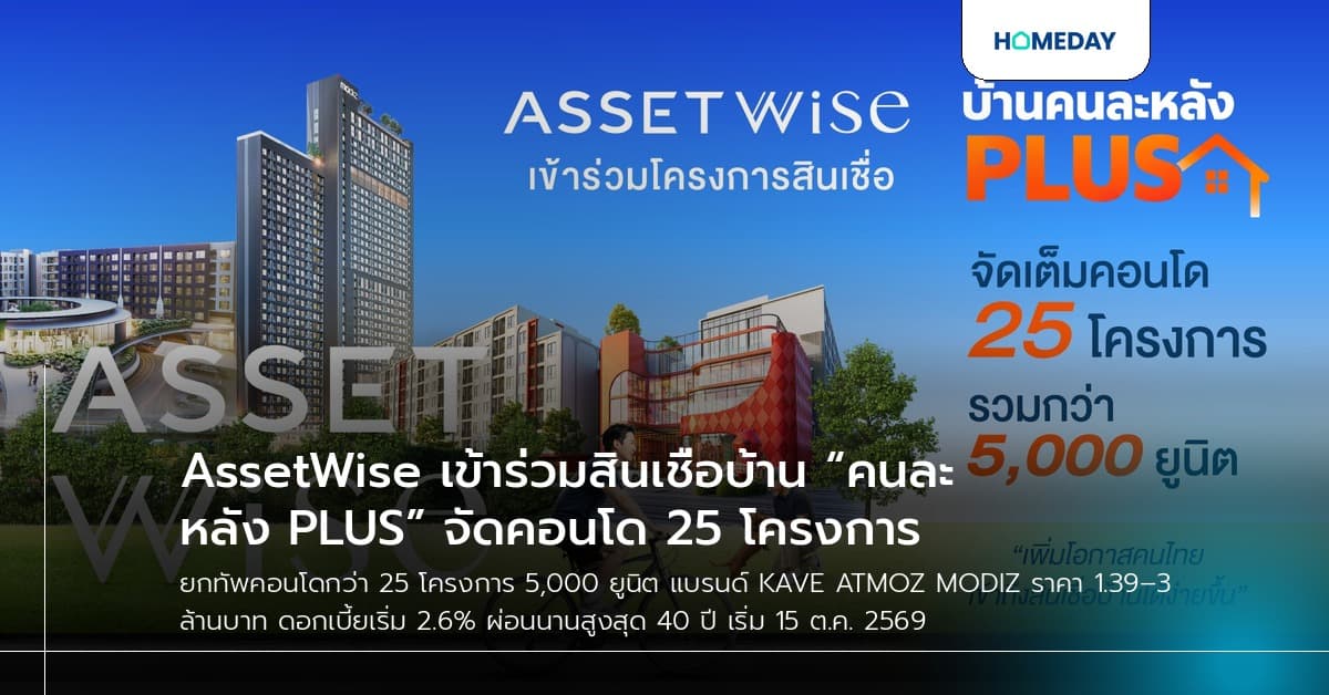 AssetWise เข้าร่วมสินเชื่อบ้าน “คนละหลัง PLUS” จัดคอนโด 25 โครงการ