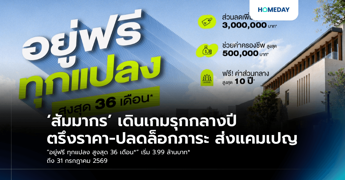 ‘สัมมากร’ เดินเกมรุกกลางปี ตรึงราคา-ปลดล็อกภาระ ส่งแคมเปญ “อยู่ฟรี ทุกแปลง สูงสุด 36 เดือน*” เริ่ม 3.99 ล้านบาท* ถึง 31 กรกฎาคม 2569