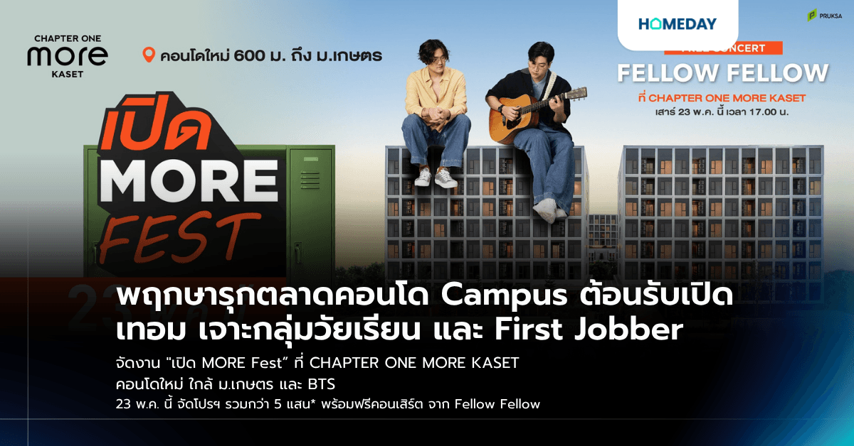 พฤกษารุกตลาดคอนโด Campus ต้อนรับเปิดเทอม เจาะกลุ่มวัยเรียน และ First Jobber จัดงาน "เปิด MORE Fest” ที่ CHAPTER ONE MORE KASET คอนโดใหม่ ใกล้ ม.เกษตร และ BTS 23 พ.ค. นี้ จัดโปรฯ รวมกว่า 5 แสน* พร้อมฟรีคอนเสิร์ต จาก Fellow Fellow
