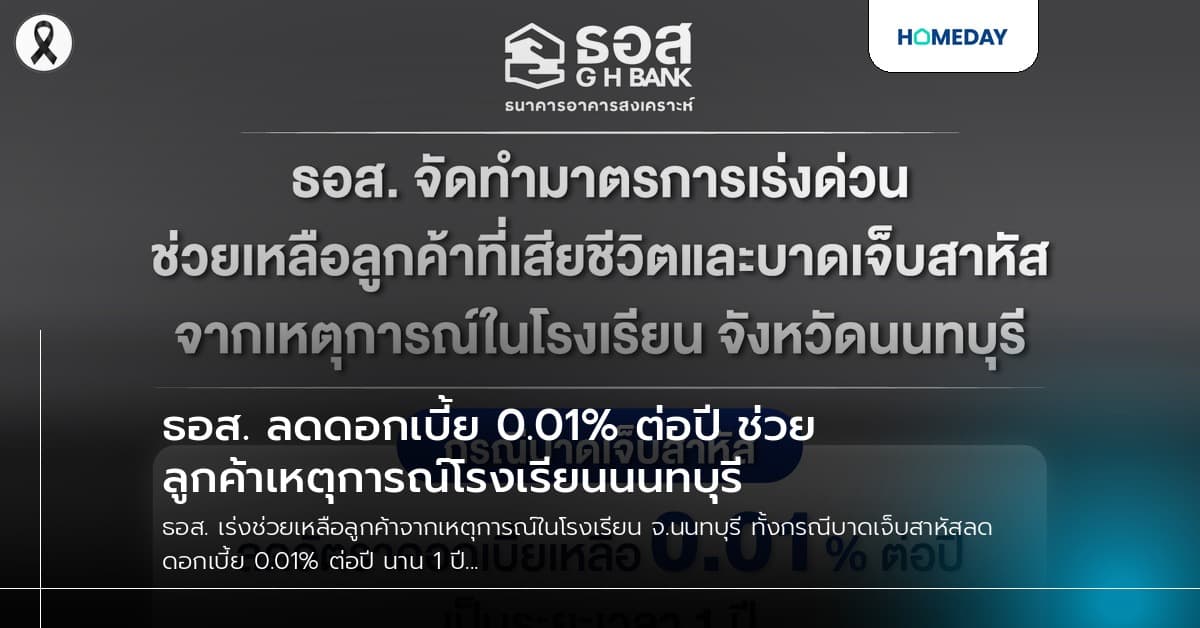 ธอส. ลดดอกเบี้ย 0.01% ต่อปี ช่วยลูกค้าเหตุการณ์โรงเรียนนนทบุรี