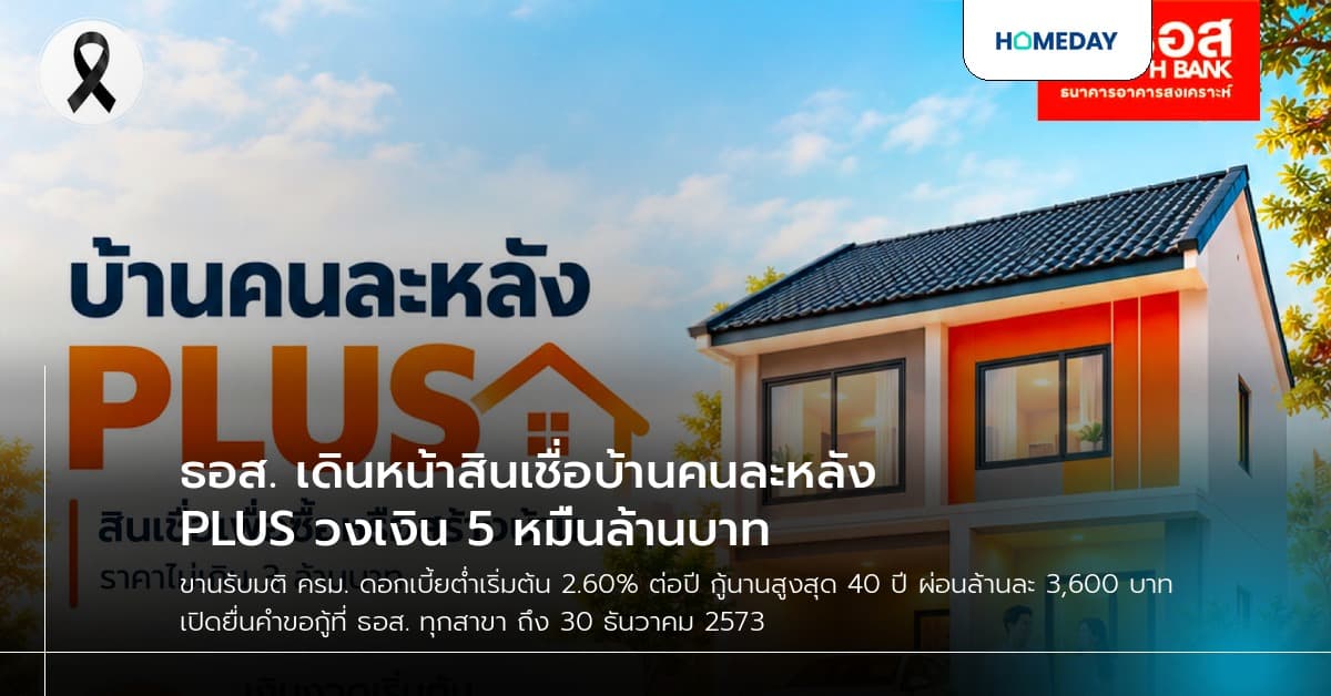 ธอส. เดินหน้าสินเชื่อบ้านคนละหลัง PLUS วงเงิน 5 หมื่นล้านบาท
