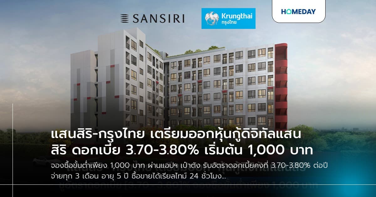 แสนสิริ-กรุงไทย เตรียมออกหุ้นกู้ดิจิทัลแสนสิริ ดอกเบี้ย 3.70-3.80% เริ่มต้น 1,000 บาท