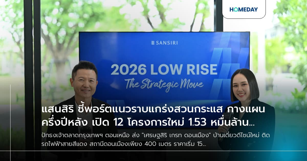 แสนสิริ ชี้พอร์ตแนวราบแกร่งสวนกระแส กางแผนครึ่งปีหลัง เปิด 12 โครงการใหม่ 1.53 หมื่นล้าน ปักธงเจ้าตลาดกรุงเทพฯ ตอนเหนือ ส่ง "เศรษฐสิริ เกรท ดอนเมือง" บ้านเดี่ยว ดีไซน์ใหม่ ติดรถไฟฟ้า 400 ม. ราคาดีที่สุดในย่าน เริ่ม 15 ลบ.