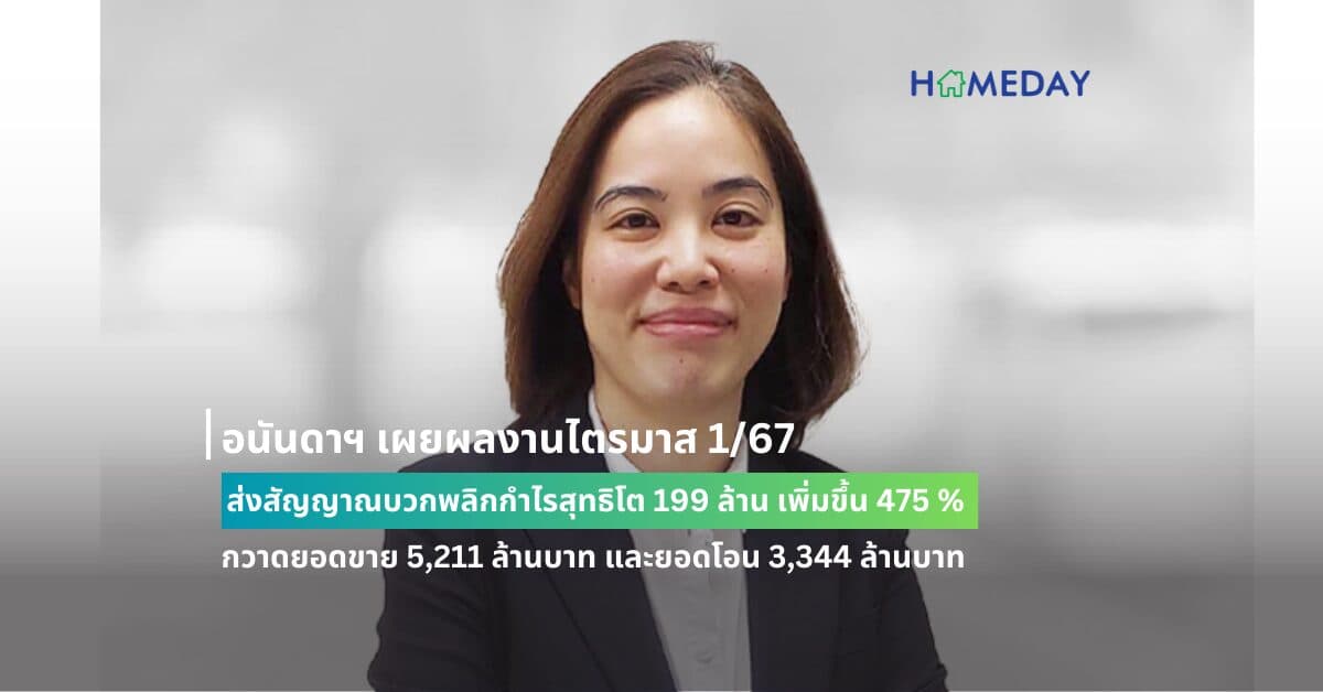 อนันดาฯ เผยผลงานไตรมาส 1/67 ส่งสัญญาณบวกพลิกกำไรสุทธิโต 199 ล้าน เพิ่มขึ้น 475 % กวาดยอดขาย 5,211 ล้านบาท และยอดโอน 3,344 ล้านบาท มุ่งมั่นเติบโตต่อเนื่อง พร้อมลุยตามแผนงานของปี 67