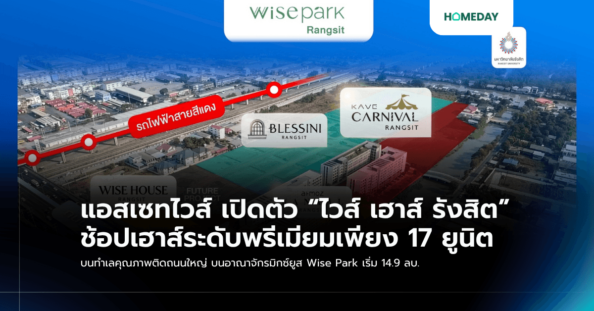 แอสเซทไวส์ เปิดตัว “ไวส์ เฮาส์ รังสิต” ช้อปเฮาส์ระดับพรีเมียมเพียง 17 ยูนิต บนทำเลคุณภาพติดถนนใหญ่ บนอาณาจักรมิกซ์ยูส Wise Park เริ่ม 14.9 ลบ.