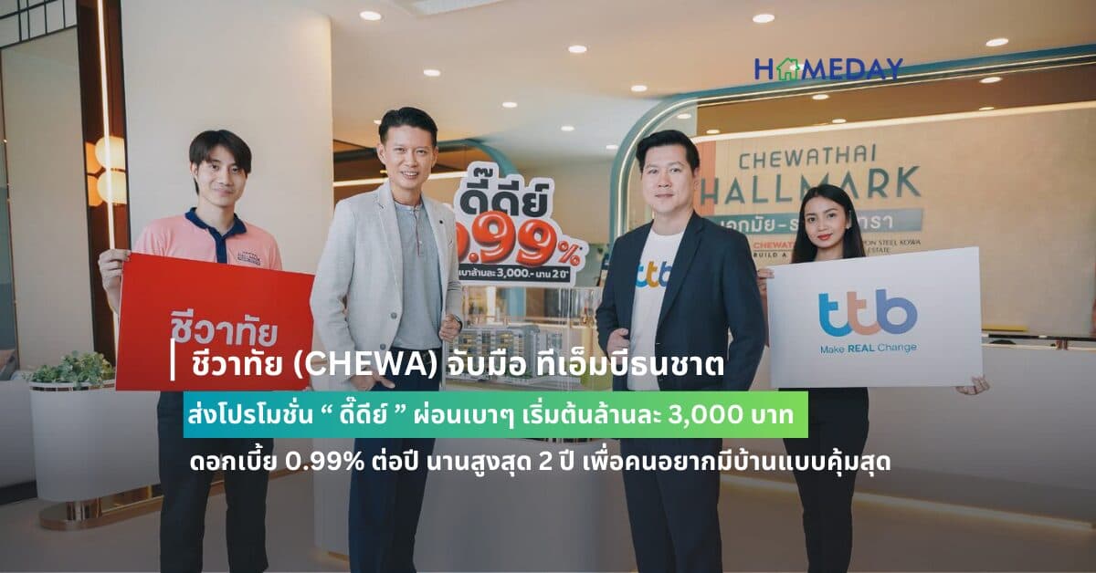 ชีวาทัย (CHEWA) จับมือ ทีเอ็มบีธนชาต ส่งโปรโมชั่น “ ดี๊ดีย์ ” ผ่อนเบาๆ เริ่มต้นล้านละ 3,000 บาท ดอกเบี้ย 0.99% ต่อปี นานสูงสุด 2 ปี เพื่อคนอยากมีบ้านแบบคุ้มสุด พร้อมของแถมจุใจ