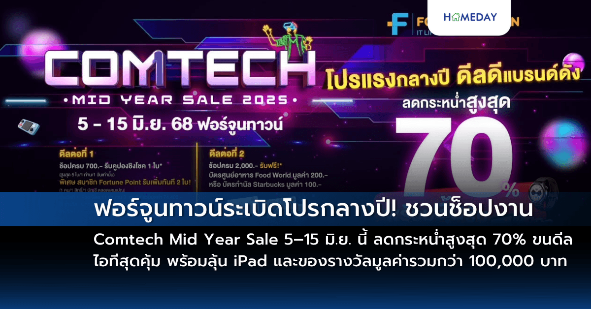 ฟอร์จูนทาวน์ระเบิดโปรกลางปี! ชวนช็อปงาน Comtech Mid Year Sale 5–15 มิ.ย. นี้ ลดกระหน่ำสูงสุด 70% ขนดีลไอทีสุดคุ้ม พร้อมลุ้น iPad และของรางวัลมูลค่ารวมกว่า 100,000 บาท
