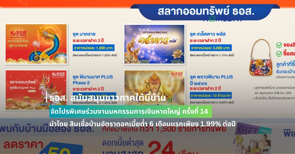 ธอส. สนับสนุนชาวภาคใต้มีบ้าน จัดโปรพิเศษร่วมงานมหกรรมการเงินหาดใหญ่ ครั้งที่ 14 นำโดย สินเชื่อบ้านอัตราดอกเบี้ยต่ำ 6 เดือนแรกเพียง 1.99% ต่อปี