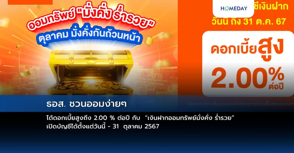 ธอส. ชวนออมง่ายๆ ได้ดอกเบี้ยสูงถึง 2.00 % ต่อปี กับ “เงินฝากออมทรัพย์มั่งคั่ง ร่ำรวย” เปิดบัญชีได้ตั้งแต่วันนี้ – 31 ตุลาคม 2567