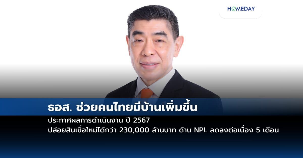 ธอส. ช่วยคนไทยมีบ้านเพิ่มขึ้น ประกาศผลการดำเนินงาน ปี 2567 ปล่อยสินเชื่อใหม่ได้กว่า 230,000 ล้านบาท ด้าน NPL ลดลงต่อเนื่อง 5 เดือน