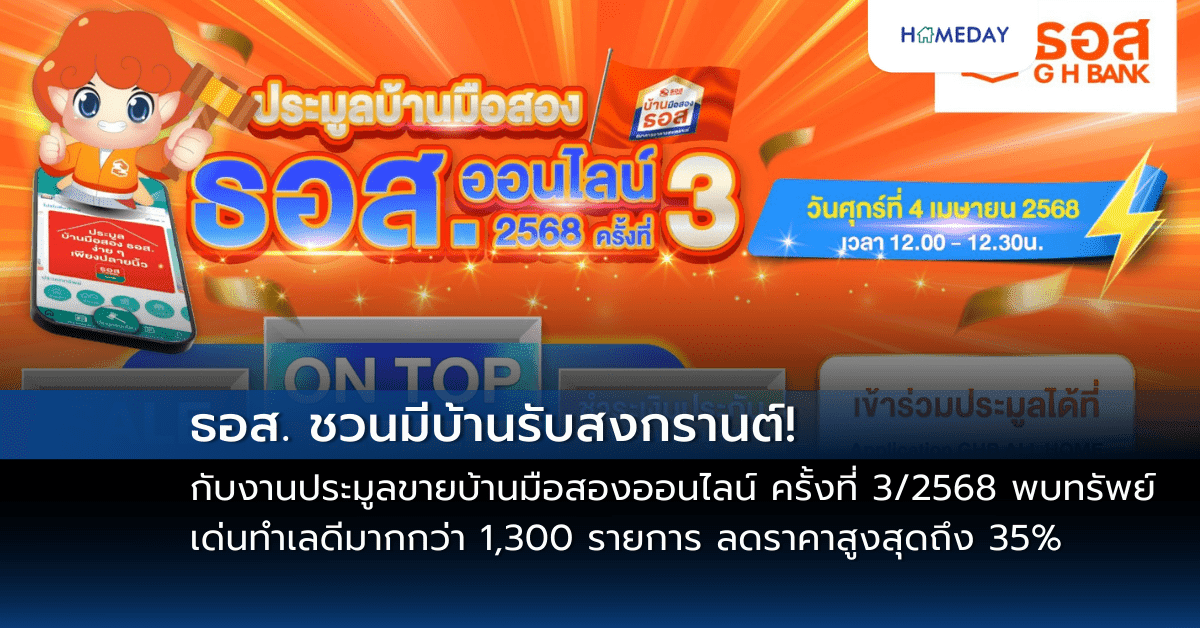 ธอส. ชวนมีบ้านรับสงกรานต์! กับงานประมูลขายบ้านมือสองออนไลน์ ครั้งที่ 3/2568 ประจำเดือนเมษายนพบทรัพย์เด่นทำเลดีมากกว่า 1,300 รายการ ลดราคาสูงสุดถึง 35% และ On Top อีก 15% วันศุกร์ที่ 4 เมษายน 2568 ผ่าน Application : GHB ALL HOME