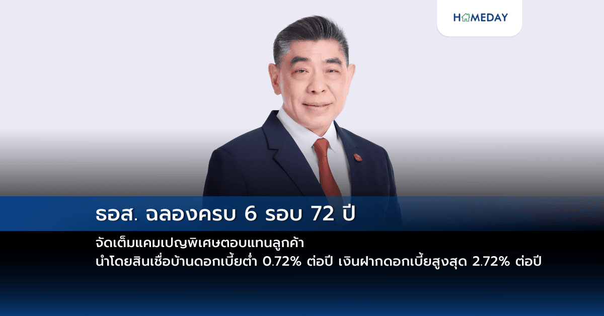 ธอส. ฉลองครบ 6 รอบ 72 ปี จัดเต็มแคมเปญพิเศษตอบแทนลูกค้า นำโดยสินเชื่อบ้านดอกเบี้ยต่ำ 0.72% ต่อปี เงินฝากดอกเบี้ยสูงสุด 2.72% ต่อปี