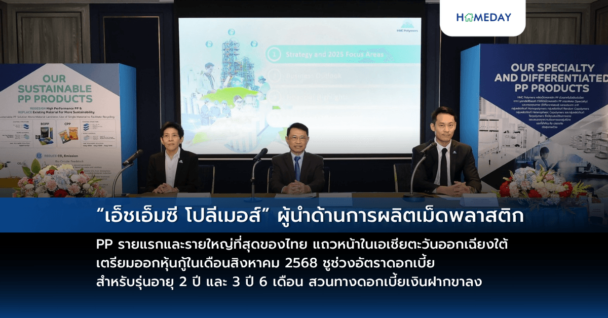 “เอ็ชเอ็มซี โปลีเมอส์” ผู้นำด้านการผลิตเม็ดพลาสติก PP รายแรกและรายใหญ่ที่สุดของไทย แถวหน้าในเอเชียตะวันออกเฉียงใต้ เตรียมออกหุ้นกู้ในเดือนสิงหาคม 2568 ชูช่วงอัตราดอกเบี้ยสำหรับรุ่นอายุ 2 ปี และ 3 ปี 6 เดือน สวนทางดอกเบี้ยเงินฝากขาลง