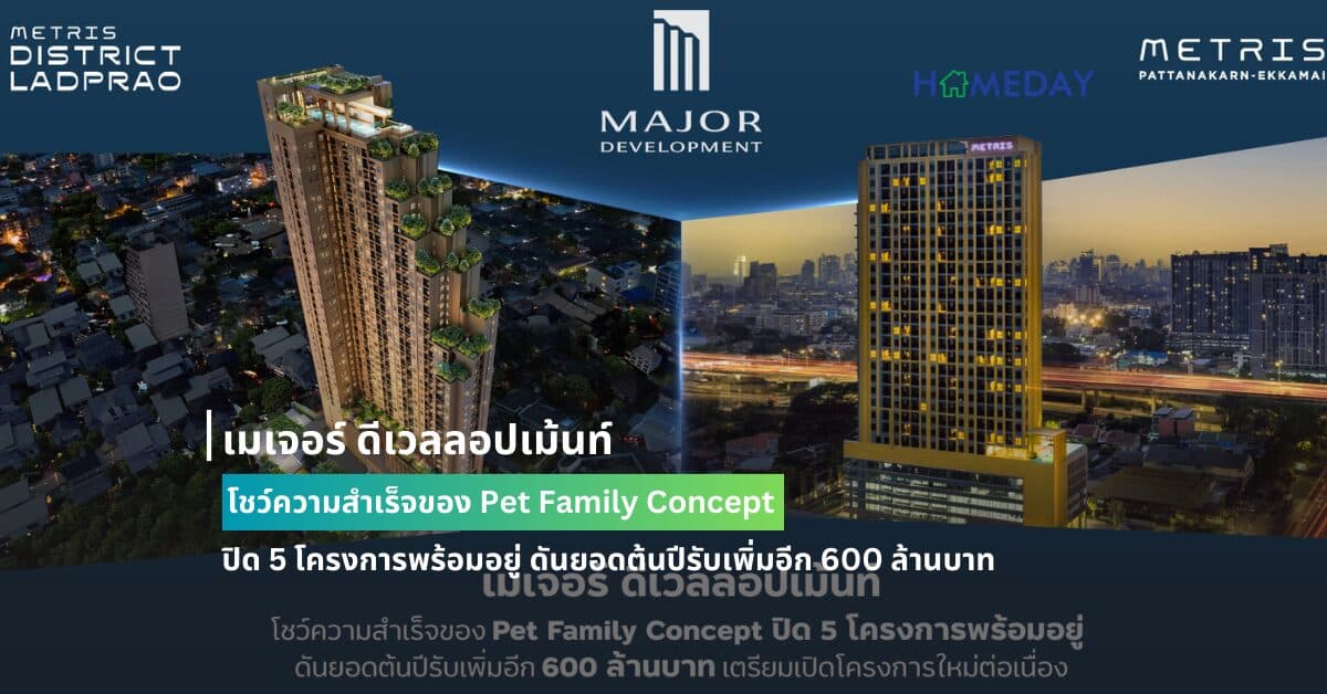 เมเจอร์ ดีเวลลอปเม้นท์ โชว์ความสำเร็จของ Pet Family Concept ปิด 5 โครงการพร้อมอยู่ ดันยอดต้นปีรับเพิ่มอีก 600 ล้านบาท เตรียมเปิดโครงการใหม่ต่อเนื่อง