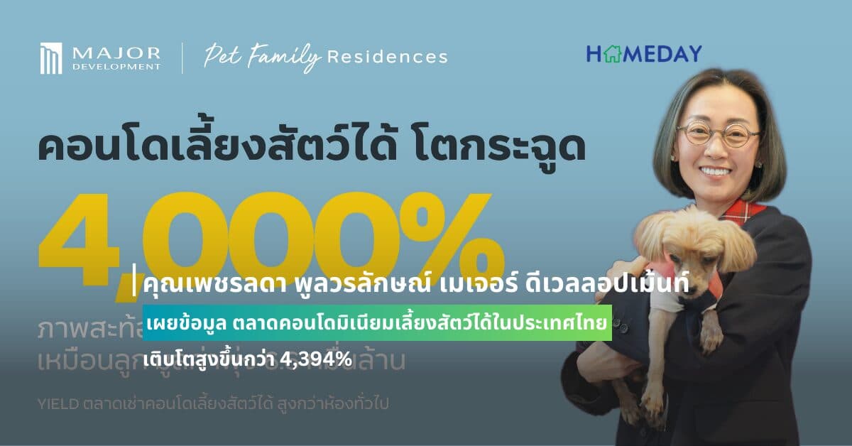 เมเจอร์ ดีเวลลอปเม้นท์ ผู้นำด้านการพัฒนาธุรกิจอสังหาริมทรัพย์ระดับลักชูรีและคอนโดมิเนียมเลี้ยงสัตว์ได้ (Pet Family Residences) เผยข้อมูลตลาดคอนโดมิเนียมเลี้ยงสัตว์ได้ในประเทศไทย เติบโตสูงขึ้นกว่า 4,394%