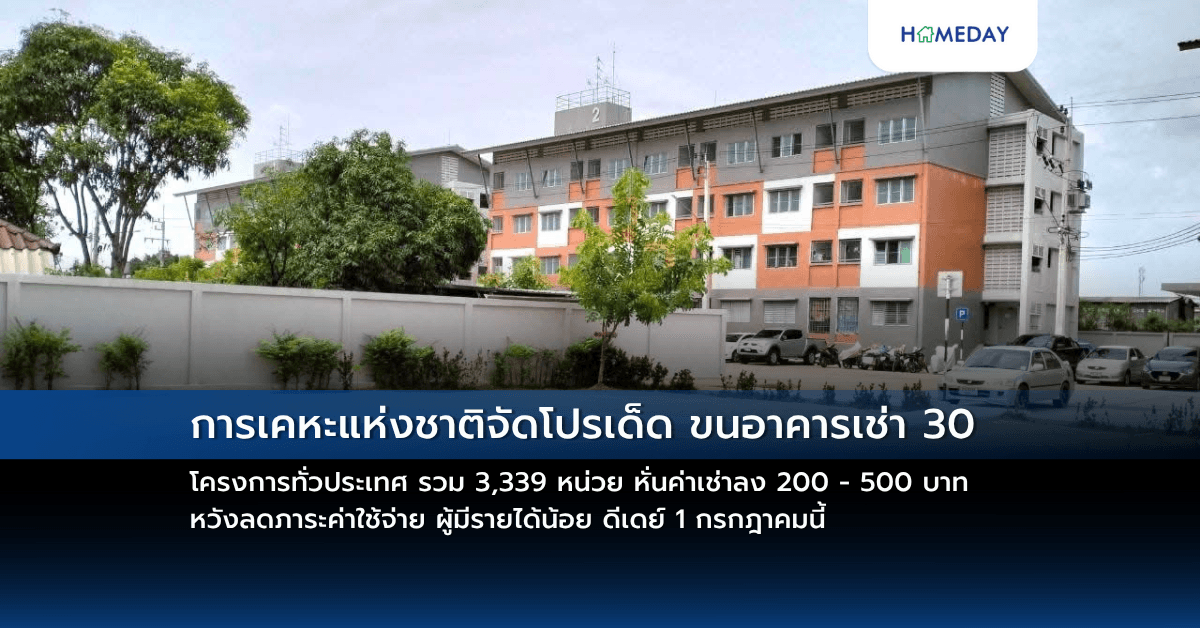 การเคหะแห่งชาติจัดโปรเด็ด ขนอาคารเช่า 30 โครงการทั่วประเทศ รวม 3,339 หน่วย หั่นค่าเช่าลง 200 – 500 บาท หวังลดภาระค่าใช้จ่าย ผู้มีรายได้น้อย ดีเดย์ 1 กรกฎาคมนี้
