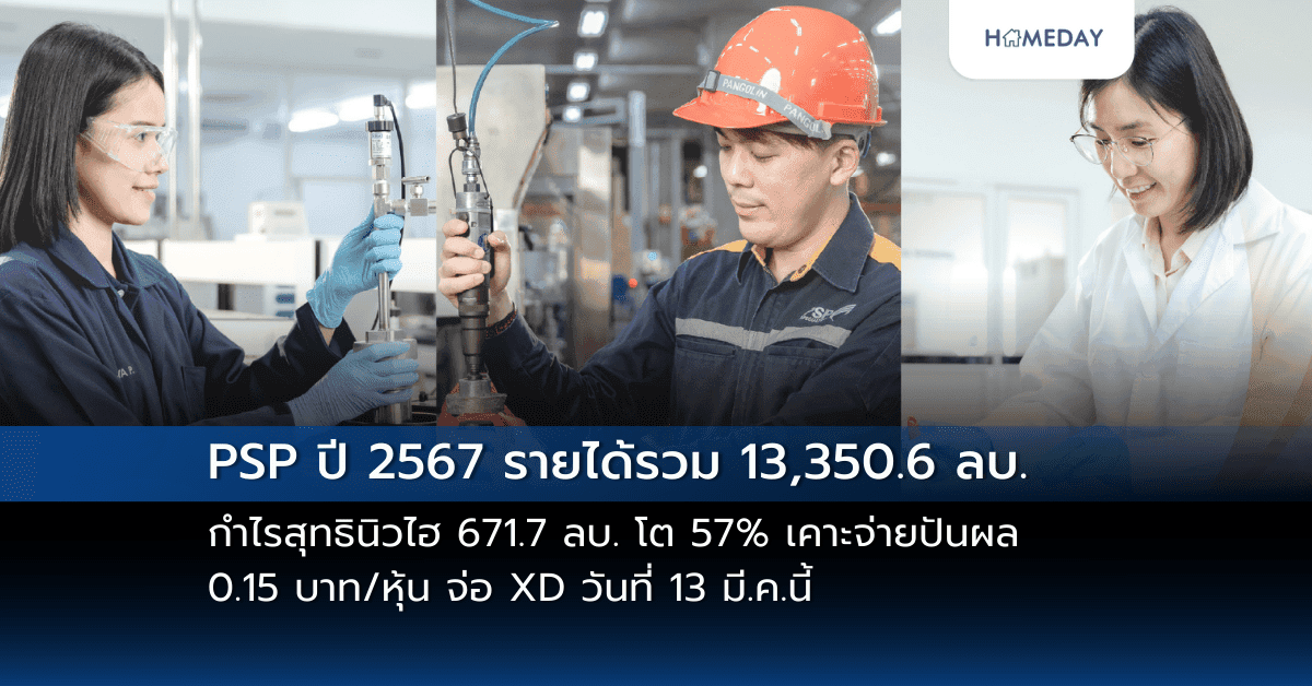 PSP ปี 2567 รายได้รวม 13,350.6 ลบ. กำไรสุทธินิวไฮ 671.7 ลบ. โต 57% เคาะจ่ายปันผล 0.15 บาท/หุ้น จ่อ XD วันที่ 13 มี.ค.นี้