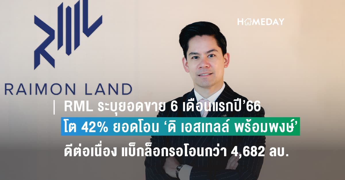 RML ระบุยอดขาย 6 เดือนแรกปี’66 โต 42% หลังยอดโอน ‘ดิ เอสเทลล์ พร้อมพงษ์’ ดีต่อเนื่อง โชว์แบ็กล็อกรอโอนกว่า 4,682 ลบ. คาดปีนี้ยอดขายเป็นไปตามเป้าที่ 6,700 ลบ.