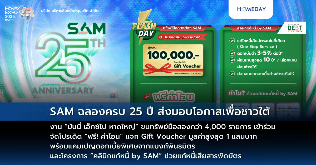 SAM ฉลองครบ 25 ปี ส่งมอบโอกาสเพื่อชาวใต้ งาน “มันนี่ เอ็กซ์โป หาดใหญ่” ขนทรัพย์มือสองกว่า 4,000 รายการ เข้าร่วม จัดโปรเด็ด “ฟรี! ค่าโอน” แจก Gift Voucher มูลค่าสูงสุด 1 แสนบาท พร้อมแคมเปญดอกเบี้ยพิเศษจากแบงก์พันธมิตร และโครงการ “คลินิกแก้หนี้ by SAM” ช่วยแก้หนี้เสียสารพัดบัตร