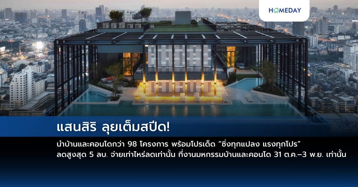 แสนสิริ ลุยเต็มสปีด! นำบ้านและคอนโดกว่า 98 โครงการ ครอบคลุมทุกทำเล พร้อมโปรเด็ด “ซิ่งทุกแปลง แรงทุกโปร” ลดสูงสุด 5 ลบ.* จ่ายเท่าไหร่ลดเท่านั้น* ที่งานมหกรรมบ้านและคอนโด 31 ต.ค. – 3 พ.ย. เท่านั้น