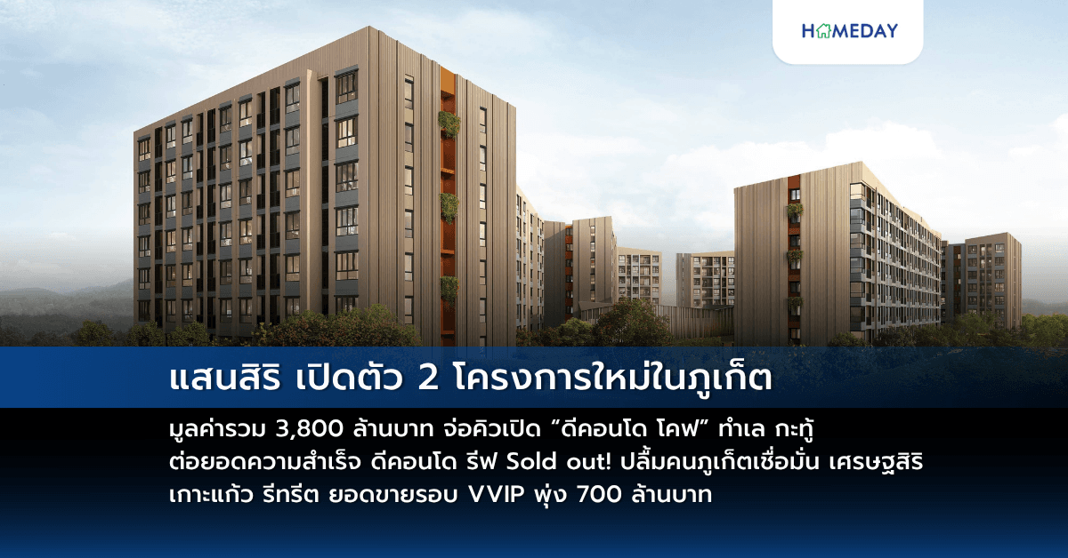 แสนสิริ เปิดตัว 2 โครงการใหม่ในภูเก็ต มูลค่ารวม 3,800 ล้านบาท จ่อคิวเปิด “ดีคอนโด โคฟ” ทำเล กะทู้ ต่อยอดความสำเร็จ ดีคอนโด รีฟ Sold out! ปลื้มคนภูเก็ตเชื่อมั่น เศรษฐสิริ เกาะแก้ว รีทรีต ยอดขายรอบ VVIP พุ่ง 700 ล้านบาท