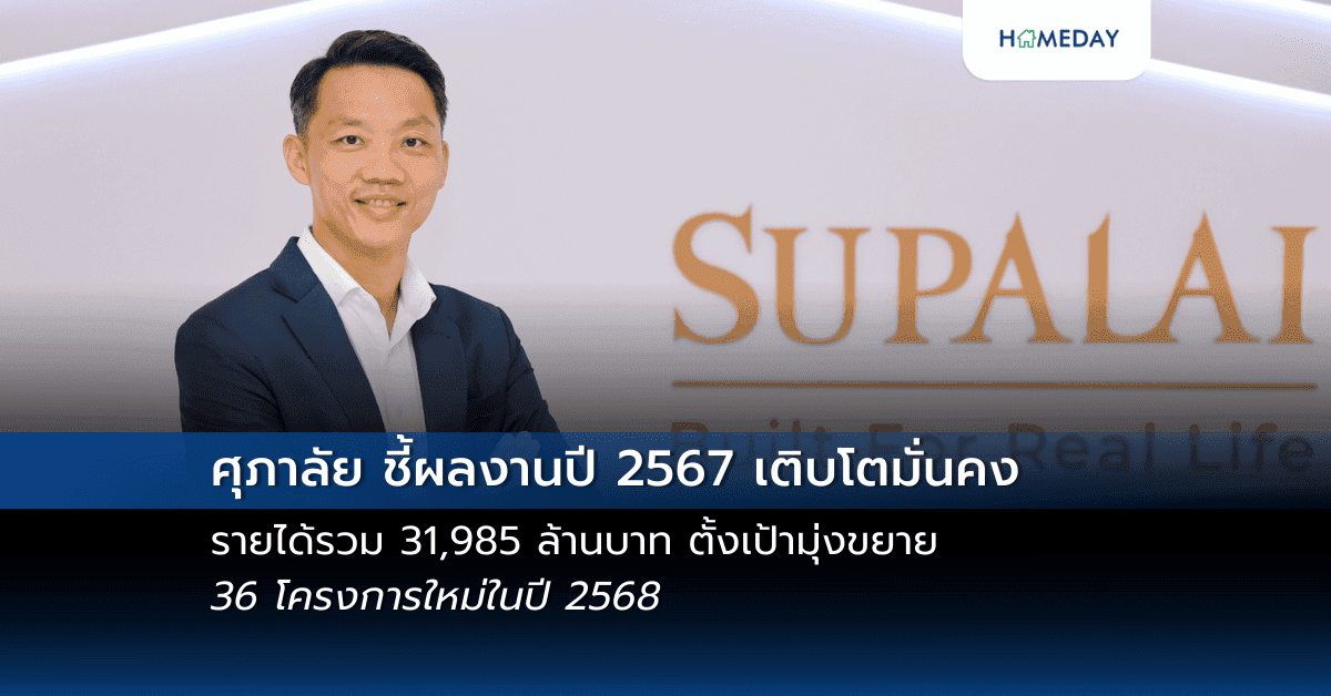 ศุภาลัย ชี้ผลงานปี 2567 เติบโตมั่นคง รายได้รวม 31,985 ล้านบาท ตั้งเป้ามุ่งขยาย 36 โครงการใหม่ในปี 2568