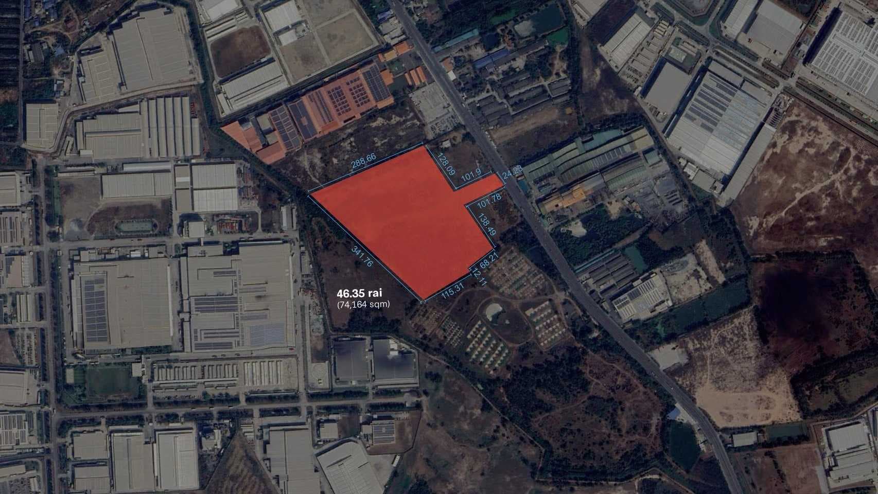 ขายที่ดิน 46 ไร่ ผังสีสีม่วงจุดขาว ถนนเส้น 3127 ที่ดิน shape สวยติดถนน ติด Amata City ชลบุรี