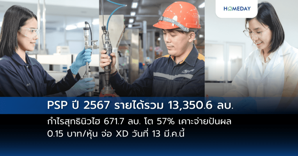 Psp ปี 2567 รายได้รวม 13,350.6 ลบ. กำไรสุทธินิวไฮ 671.7 ลบ. โต 57% เคาะจ่ายปันผล 0.15 บาท/หุ้น จ่อ Xd วันที่ 13 มี.ค.นี้