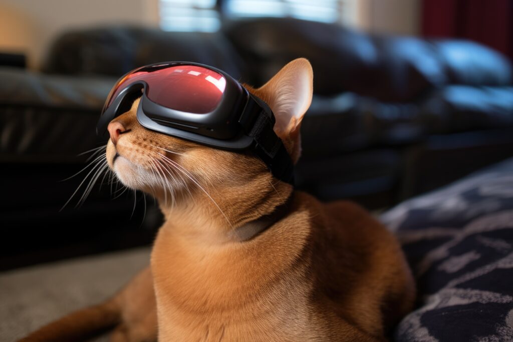 An Abyssinian Cat With Vr Glasses, Sitting Next To A Turned Off Flat Screen Tv