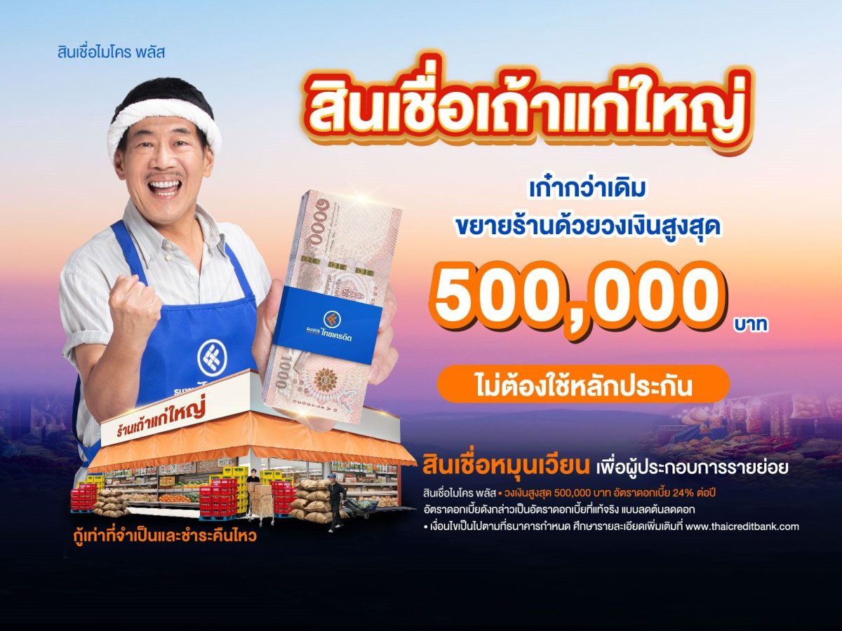 ธนาคารไทยเครดิต ผลักดัน “สินเชื่อเถ้าแก่ใหญ่” วงเงินกู้สูงสุดห้าแสนบาท แบบไม่ใช้หลักประกัน เสริมทุนผู้ประกอบการรายย่อยต่อยอดกิจการเติบโตในระยะยาว