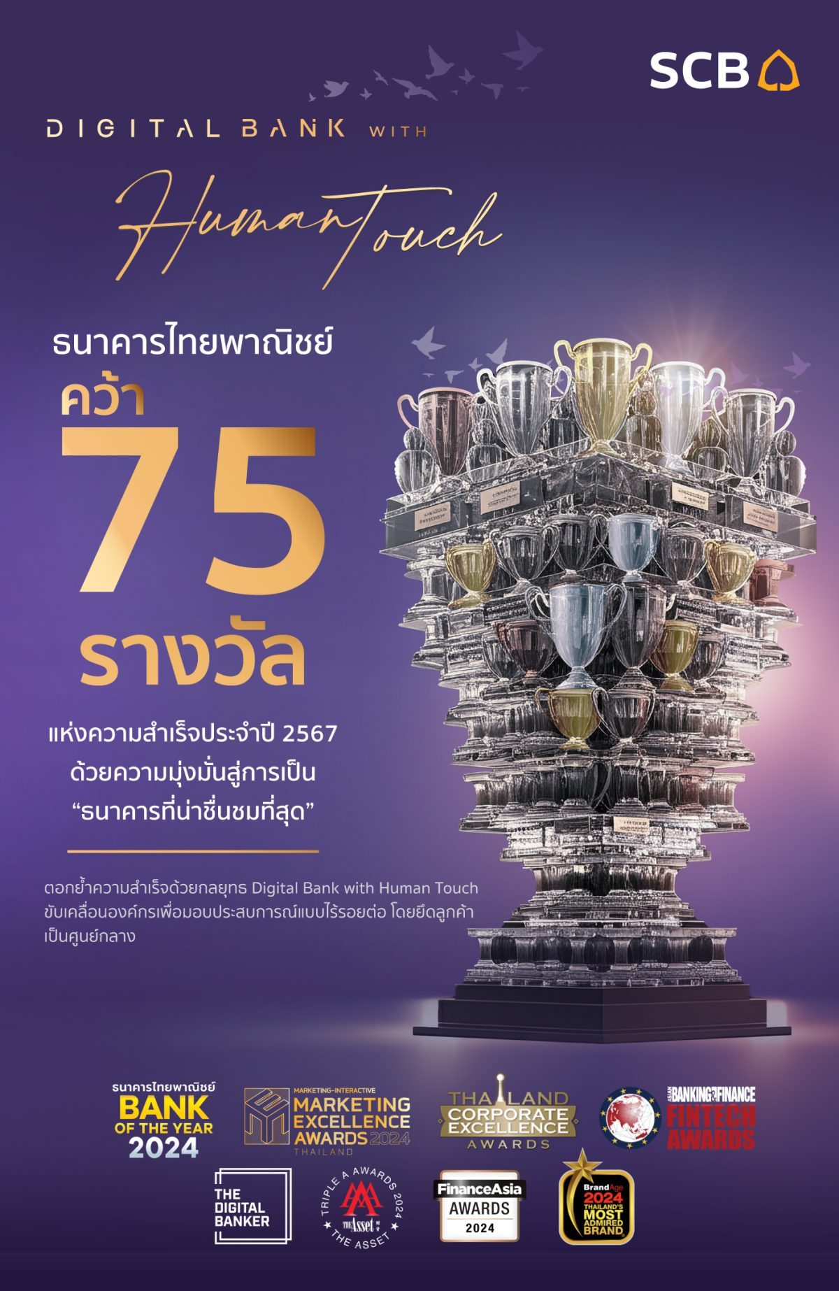 ธนาคารไทยพาณิชย์คว้ารางวัลแห่งความสำเร็จ 75 รางวัลในปี 2567 ตอกย้ำความมุ่งมั่นในการดำเนินงานสู่เป้าหมายการเป็น “ธนาคารที่น่าชื่นชมที่สุด” (The Most Admired Bank)