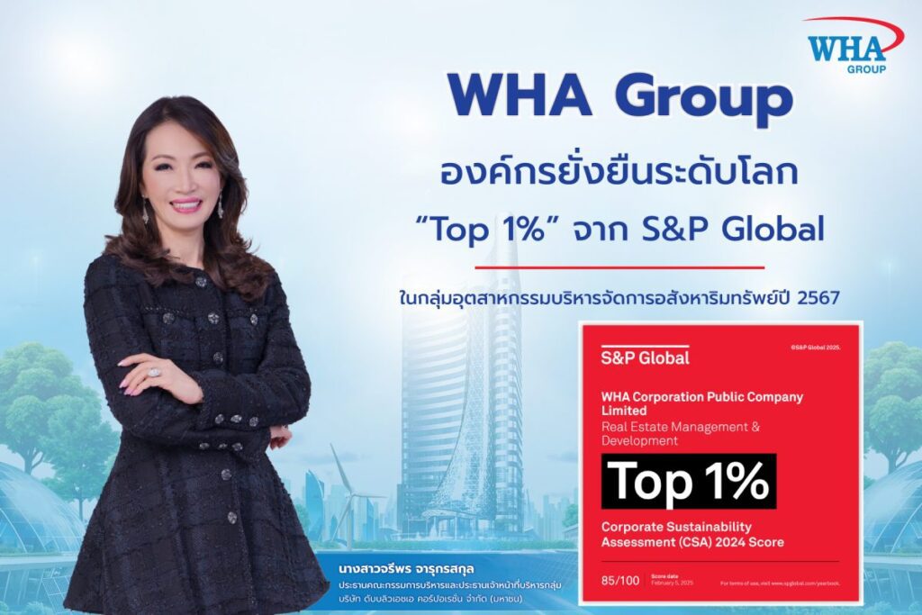 WHA Group องค์กรยั่งยืนระดับโลก “Top 1%” จาก S&P Global ในกลุ่มอุตสาหกรรมบริหารจัดการอสังหาริมทรัพย์ ปี 2567