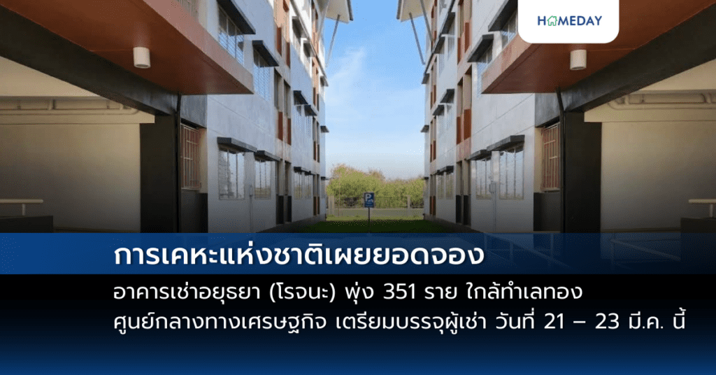 การเคหะแห่งชาติเผยยอดจองอาคารเช่าอยุธยา (โรจนะ) พุ่ง 351 ราย ใกล้ทำเลทองศูนย์กลางทางเศรษฐกิจ แหล่งงาน สถานศึกษา โรงพยาบาล เตรียมบรรจุผู้เช่า วันที่ 21 – 23 มี.ค. นี้