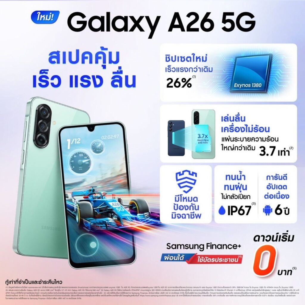 ซัมซุง วางขายสมาร์ทโฟนรุ่นใหม่ล่าสุด Galaxy A26 5G ชิปใหม่ แรง ลื่น ไม่กลัวร้อน ถ่าย VDO 4K คมชัดทุกเฟรม