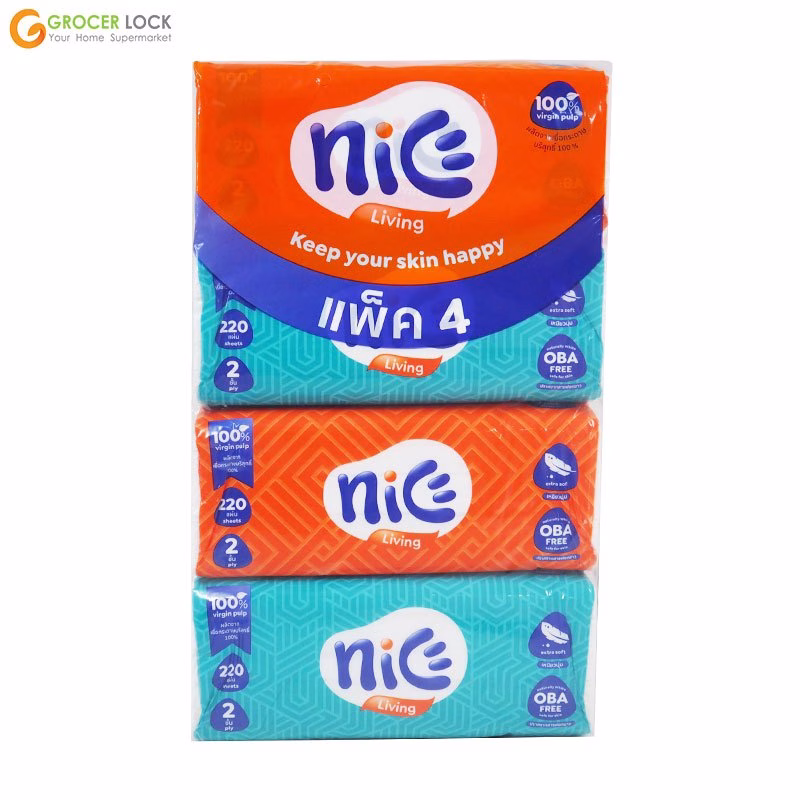 ไนซ์ (nice) กระดาษเช็ดหน้า ซอฟท์แพ็ค 220 แผ่น (แพ็ค 4 ห่อ)
