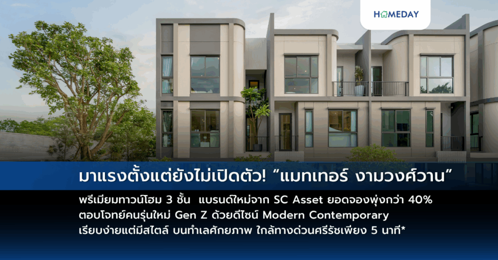 มาแรงตั้งแต่ยังไม่เปิดตัว! “แมทเทอร์ งามวงศ์วาน” พรีเมียมทาวน์โฮม 3 ชั้น แบรนด์ใหม่จาก Sc Asset ยอดจองพุ่งกว่า 40% ตอบโจทย์คนรุ่นใหม่ Gen Z ด้วยดีไซน์ Modern Contemporary เรียบง่ายแต่มีสไตล์ บนทำเลศักยภาพ ใกล้ทางด่วนศรีรัชเพียง 5 นาที* เพียง 44 ครอบครัวเท่านั้น