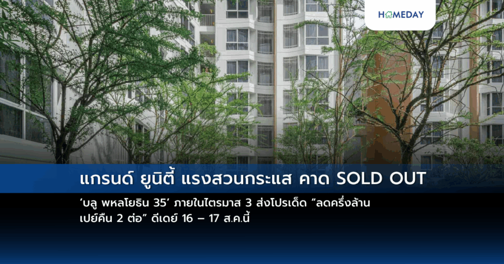 แกรนด์ ยูนิตี้ แรงสวนกระแส คาด Sold Out ‘บลู พหลโยธิน 35’ ภายในไตรมาส 3 ส่งโปรเด็ด “ลดครึ่งล้าน เปย์คืน 2 ต่อ” ดีเดย์ 16 – 17 ส.ค.นี้*