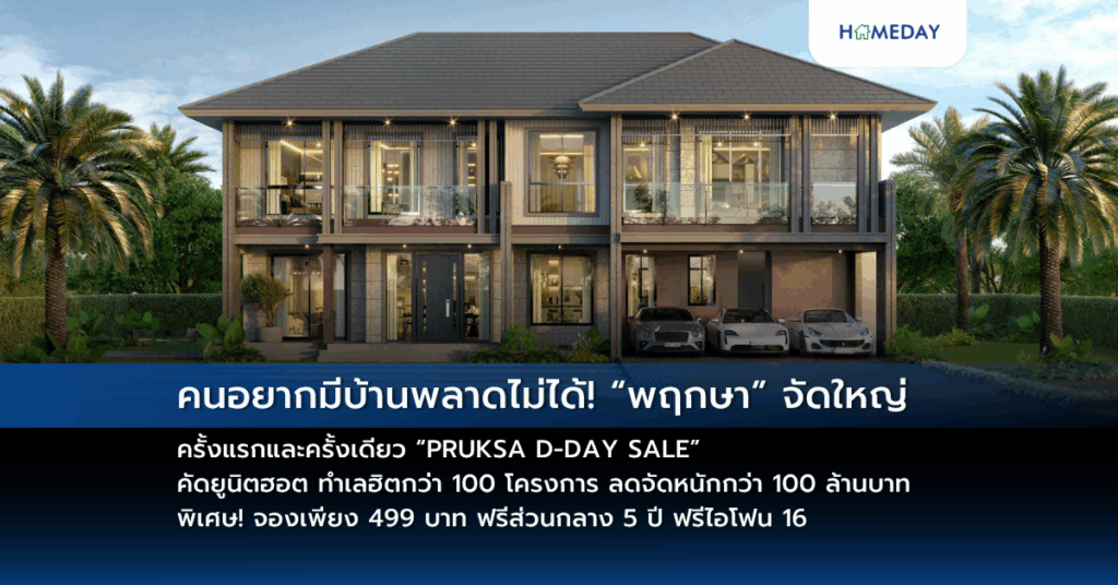 คนอยากมีบ้านพลาดไม่ได้! “พฤกษา” จัดใหญ่ ครั้งแรกและครั้งเดียว “pruksa D Day Sale” คัดยูนิตฮอต ทำเลฮิตกว่า 100 โครงการ ลดจัดหนักกว่า 100 ล้านบาท พิเศษ! จองเพียง 499 บาท ฟรีส่วนกลาง 5 ปี ฟรีไอโฟน 16
