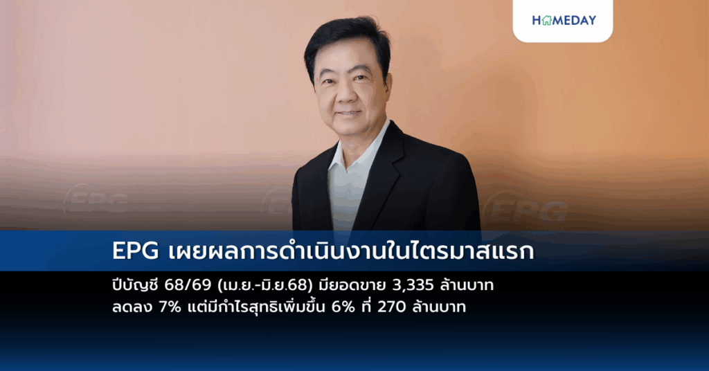 Epg เผยผลการดำเนินงานในไตรมาสแรก ปีบัญชี 68/69 (เม.ย. มิ.ย.68) มียอดขาย 3,335 ล้านบาท ลดลง 7% แต่มีกำไรสุทธิเพิ่มขึ้น 6% ที่ 270 ล้านบาท