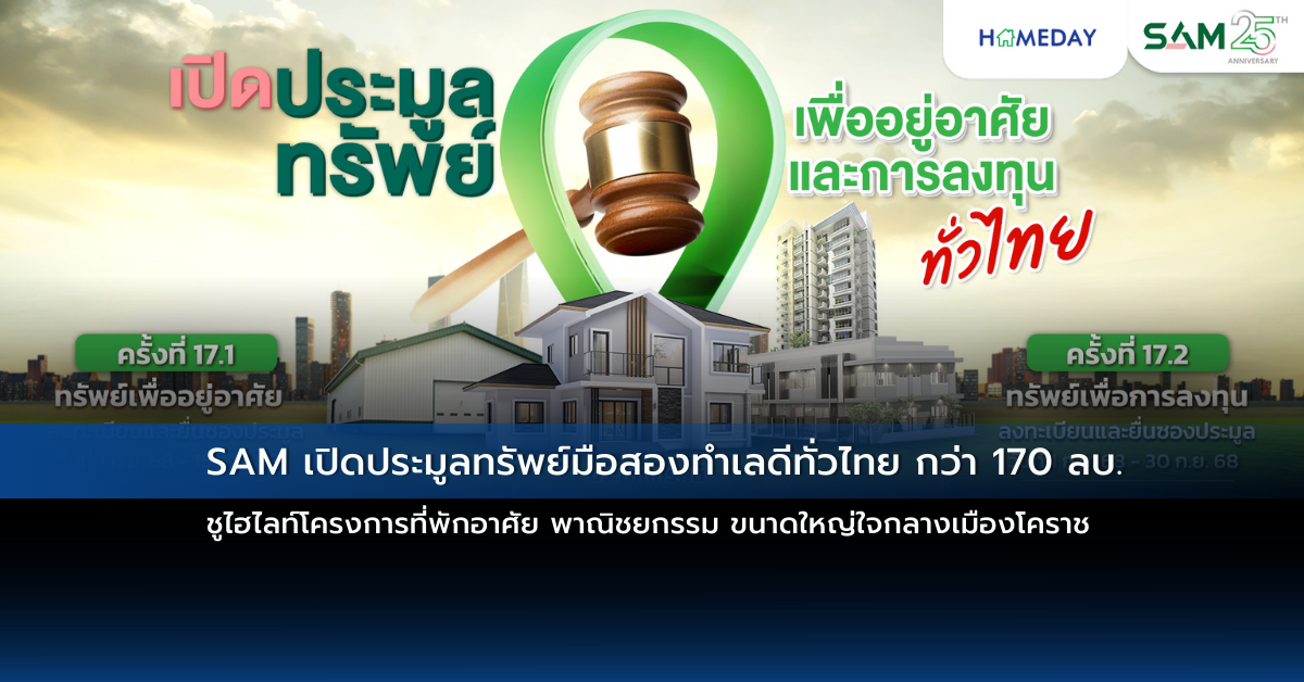Sam เปิดประมูลทรัพย์มือสองทำเลดีทั่วไทย กว่า 170 ลบ. ชูไฮไลท์โครงการที่พักอาศัย พาณิชยกรรม ขนาดใหญ่ใจกลางเมืองโคราช