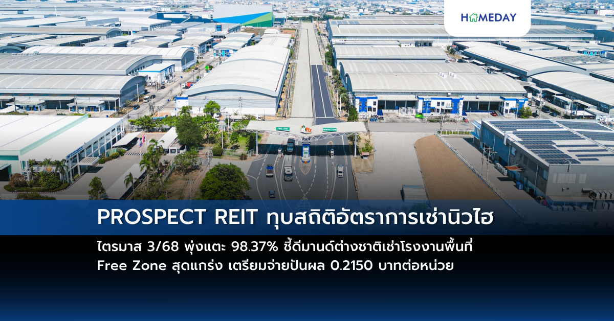 Prospect Reit ทุบสถิติอัตราการเช่านิวไฮ ไตรมาส 3/68 พุ่งแตะ 98.37% ชี้ดีมานด์ต่างชาติเช่าโรงงานพื้นที่ Free Zone สุดแกร่ง เตรียมจ่ายปันผล 0.2150 บาทต่อหน่วย