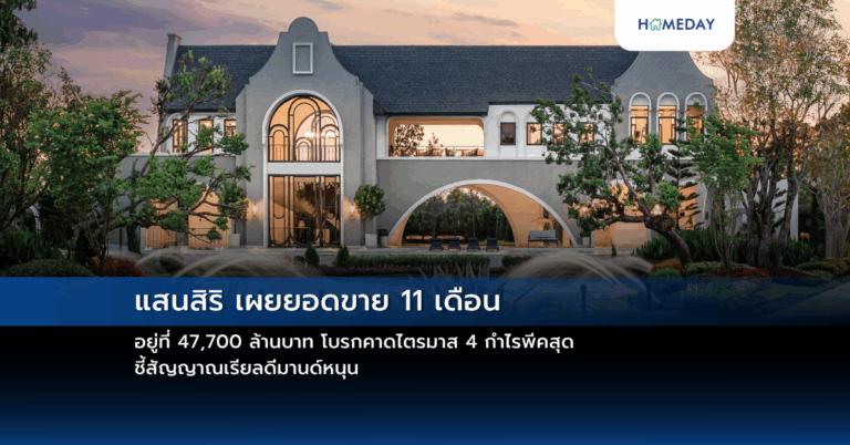 แสนสิริ เผยยอดขาย 11 เดือน อยู่ที่ 47,700 ล้านบาท โบรกคาดไตรมาส 4 กำไรพีคสุด ชี้สัญญาณเรียลดีมานด์หนุน