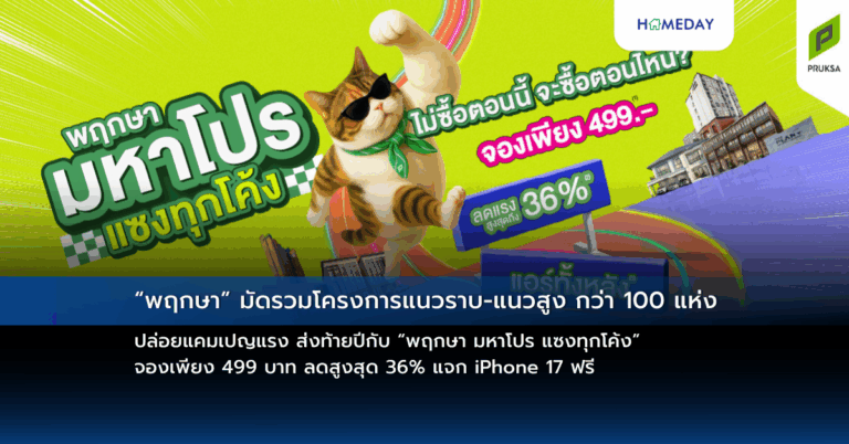 ““พฤกษา” มัดรวมโครงการแนวราบ แนวสูง กว่า 100 แห่ง ปล่อยแคมเปญแรง ส่งท้ายปีกับ “พฤกษา มหาโปร แซงทุกโค้ง” จองเพียง 499 บาท ลดสูงสุด 36% แจก Iphone 17 ฟรี “