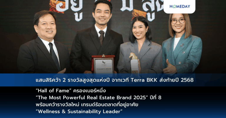 แสนสิริคว้า 2 รางวัลสูงสุดแห่งปี จากเวที Terra Bkk ส่งท้ายปี 2568 “hall Of Fame” ครองเบอร์หนึ่ง “the Most Powerful Real Estate Brand 2025” ปีที่ 8 พร้อมคว้ารางวัลใหม่ เทรนด์ร้อนตลาดที่อยู่อาศัย “wellness & Sustainability Leader” ผู้นำด้านเวลเนส เรสซิเดนท์และการพัฒนายั่งยืน