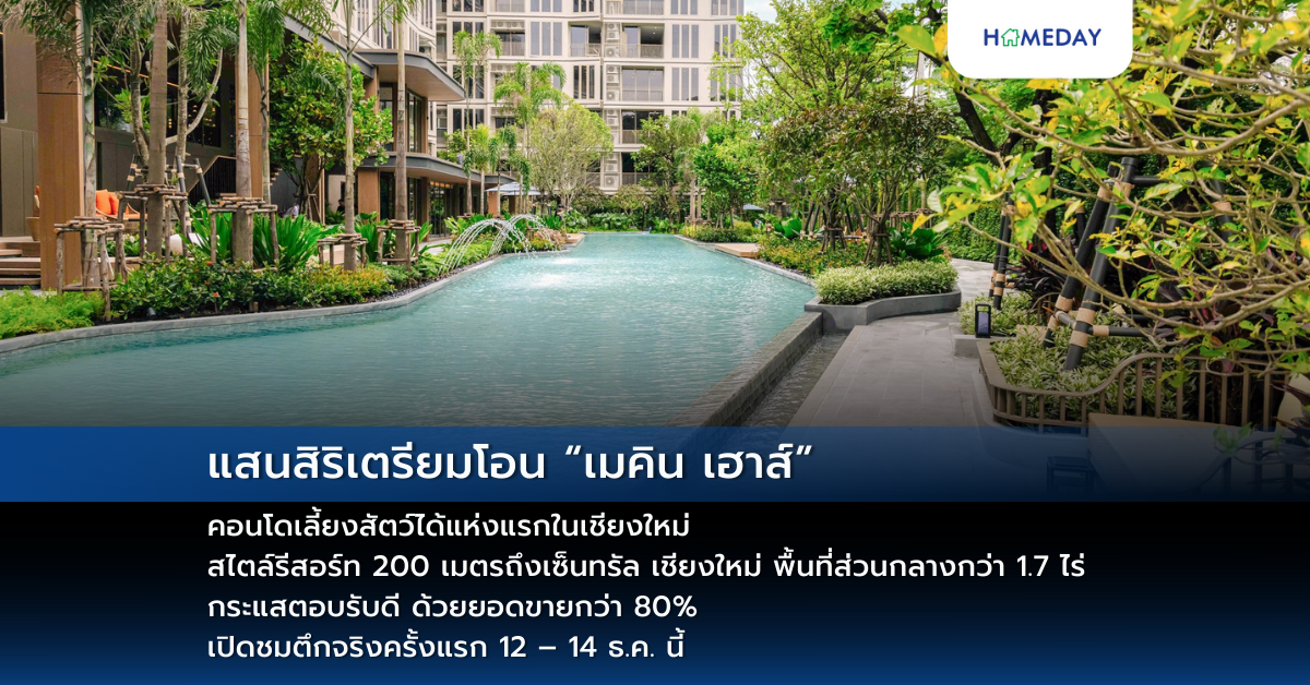 แสนสิริเตรียมโอน “เมคิน เฮาส์” คอนโดเลี้ยงสัตว์ได้แห่งแรกในเชียงใหม่ สไตล์รีสอร์ท 200 เมตรถึงเซ็นทรัล เชียงใหม่ พื้นที่ส่วนกลางกว่า 1.7 ไร่ กระแสตอบรับดี ด้วยยอดขายกว่า 80% เปิดชมตึกจริงครั้งแรก 12 – 14 ธ.ค. นี้