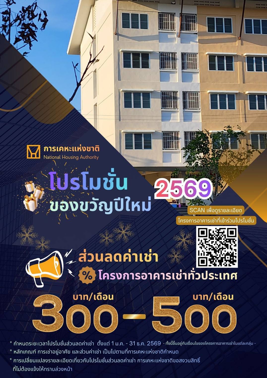 กคช. มอบของขวัญปีใหม่ 2569 ลดราคาสูงสุด 20% ผ่อนสบาย ๆ ดอกเบี้ย 2.5% ลดค่าเช่า 500 บาท พร้อมปรับโครงสร้างหนี้สำหรับลูกค้าเช่าซื้อ หวังลดภาระค่าครองชีพ