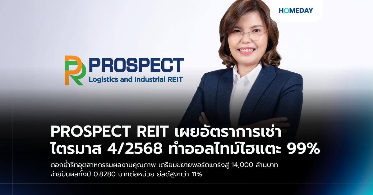 Prospect Reit เผยอัตราการเช่าไตรมาส 4/2568 ทำออลไทม์ไฮแตะ 99% ตอกย้ำรีทอุตสาหกรรมผลงานคุณภาพ เตรียมขยายพอร์ตแกร่งสู่ 14,000 ล้านบาท จ่ายปันผลทั้งปี 0.8280 บาทต่อหน่วย ยีลด์สูงกว่า 11%
