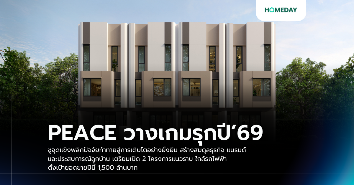 Peace วางเกมรุกปี’69 ชูจุดแข็งพลิกปัจจัยท้าทายสู่การเติบโตอย่างยั่งยืน สร้างสมดุลธุรกิจ แบรนด์ และประสบการณ์ลูกบ้าน เตรียมเปิด 2 โครงการแนวราบ ใกล้รถไฟฟ้า ตั้งเป้ายอดขายปีนี้ 1,500 ล้านบาท
